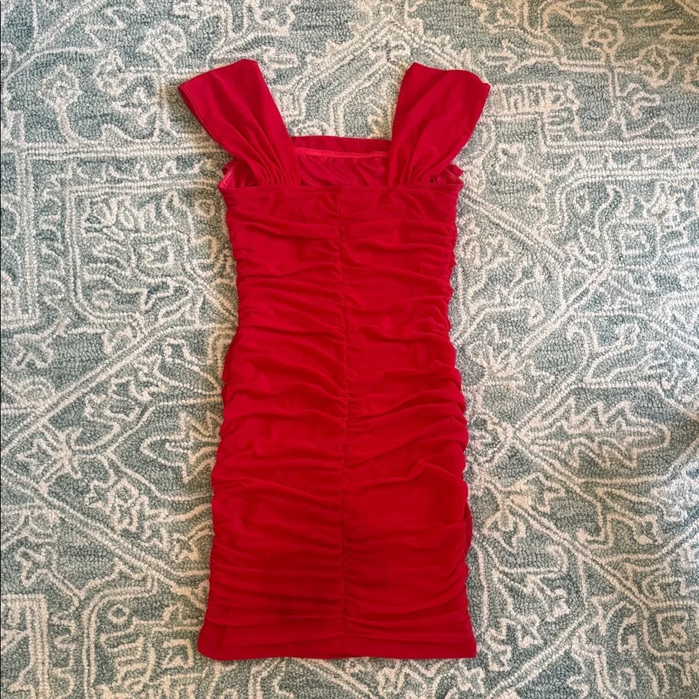 Fitted Red Ruched Mini Dress - Picture 9 of 15